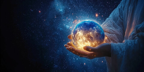 Planet Earth in God's Hands, Concept of World Creation Banner with Copy Space