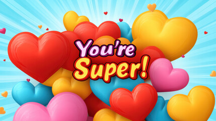 colorful hearts  against a bright blue background, celebrating love, positivity, and joy for Valentine's Day.