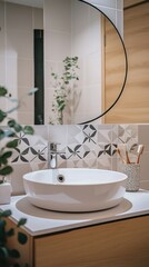 Modern Bathroom Decor with Elegant Round Mirror, Stylish Sink, and Geometric Patterned Tiles Showcasing Calm and Minimalist Aesthetic for Indoor Spaces