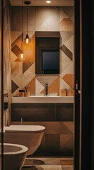Modern bathroom interior featuring geometric tiled walls, sleek sink, stylish lighting, and contemporary design elements in warm tones for a cozy atmosphere.