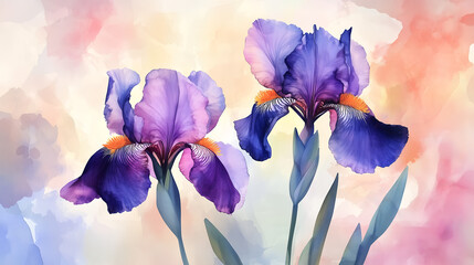 Two iris flowers painted in a soft watercolor style against a pastel background