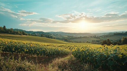 Fototapeta premium Breathtaking Sunset Over Sunflower Field and Rolling Hills in a Serene Landscape of Countryside, Perfect for Nature Lovers and Scenic Photography