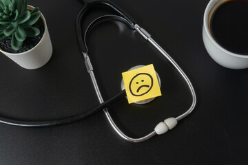 Medical concept with a bad emoji on black background