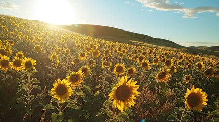 Obraz premium Breathtaking Field of Sunflowers Under a Bright Sunlight with Rolling Hills in the Background Creating a Serene and Scenic Landscape