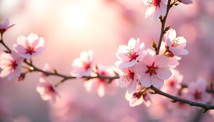 Cherry blossom branch with pink flowers illuminated by sunlight in soft bokeh
