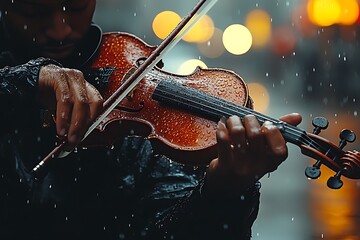 Fototapeta premium A musician passionately plays the violin on a rainy city night.