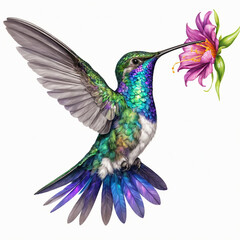 Fototapeta premium A vibrant hummingbird with iridescent green and purple plumage, hovering in mid-air with its beak in a pink flower.