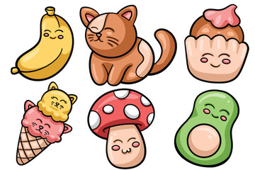 Set of Hand drawn kawaii element. collection of banana, cat, cupcakes, ice cream, mushroom, avocado Isolated Vector