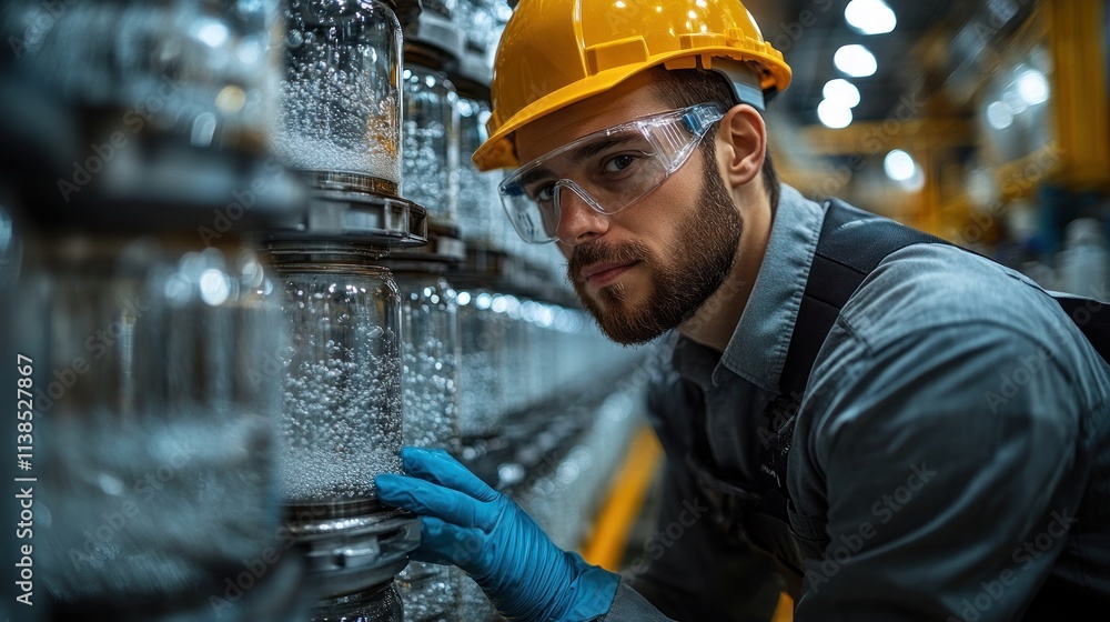 Poster worker inspecting machinery in a factory setting, focusing on production processes.