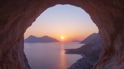 Breathtaking Sunset View from Cave Overlooking Calm Seaside Landscape