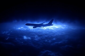 Obraz premium A silhouette of an airplane flying above stormy clouds at night, a dramatic journey.