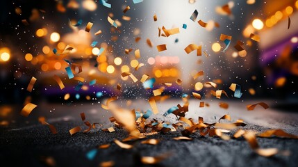A captivating burst of golden and blue confetti captured mid-air against a blurred background of warm glowing city lights, evoking a festive and celebratory mood