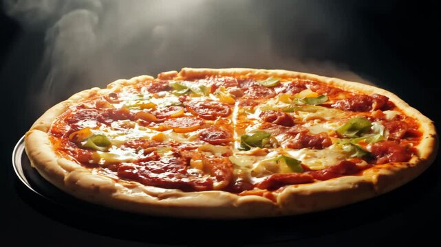 The camera captures a pizza with gooey cheese and extra toppings, like meatballs and sausage, rotating under a spotlight in a 360-degree shot