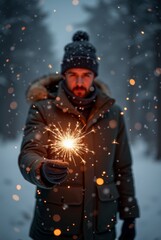 Fototapeta premium Man Holding Sparkler in Snowy Winter Forest Scene