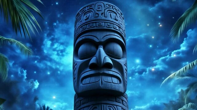 Enigmatic totem standing tall under a starlit sky surrounded by lush greenery