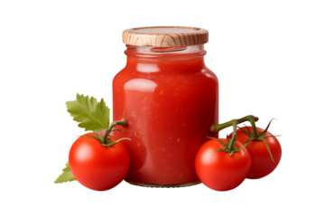A jar of tomato with the lid off and tomato beside it, isolated on transparent background.