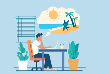Man working at a desk, daydreaming about a tropical beach vacation, business, remote work, vacation planning, stress management, work-life balance, productivity, travel dreams, and lifestyle concepts