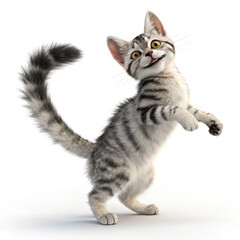 Obraz premium A playful, cartoon tabby kitten standing on its hind legs with a wide smile and paws outstretched.