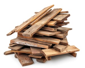 Scrap Wood. Pile of Timbering Planks - Brown Material Waste Object isolated on White Background