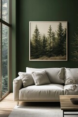 Fototapeta premium Modern living room with nature inspired decor and cozy furniture in a tranquil setting