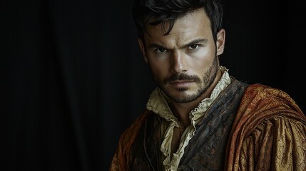 Obraz premium Intense gaze of a man in Renaissance attire against a dark background.