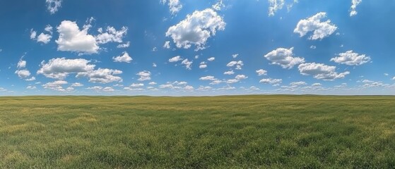 Wide open landscape with green grass and bright sky at sunset