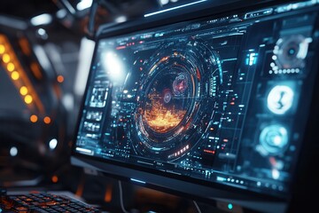 Obraz premium Futuristic digital interface on computer screen in technological environment.