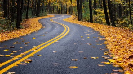 Fototapeta premium Winding Road Through Autumn Forest with Colorful Leaves on Ground