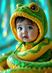 Super cute baby wearing a green and yellow monster yellow green frog snake outfit. Generative ai
