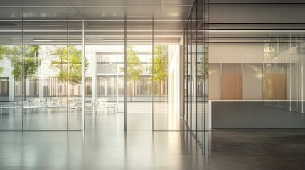Blurred view of an office building, healthcare clinic, or hospital interior, looking out toward an empty lobby with entrance doors and glass curtain walls.