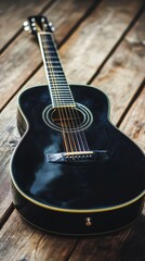 Black acoustic guitar stands against wooden background in a cozy setting