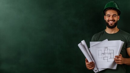 A smiling architect holding blueprints and wearing a green hard hat, standing confidently against a solid dark green background, symbolizing creativity and professionalism