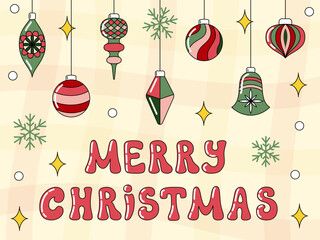 Merry Christmas Retro Post card. Vector winter poster with hand drawn lettering and decorations on checkered background