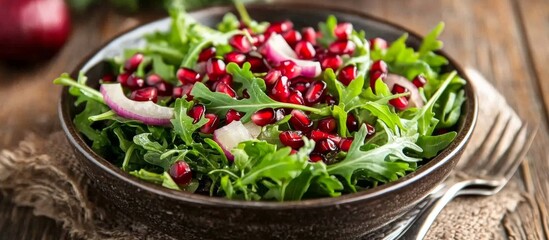 Fresh watermelon and pomegranate salad in a decorative bowl on a wooden table