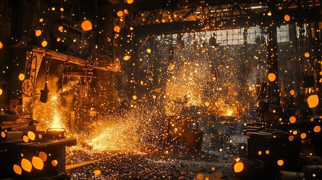 Fiery Glow of a Vibrant Blacksmith Workshop Illuminated by Sparks and Lit from Within, Capturing the Essence of Metalworking Craftsmanship in Action