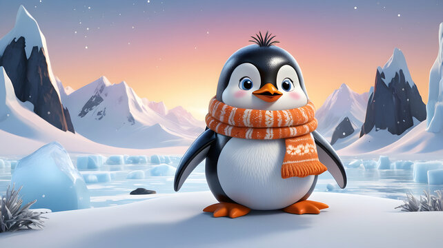 Adorable cartoon penguin wearing an orange scarf standing in a snowy landscape at sunset.