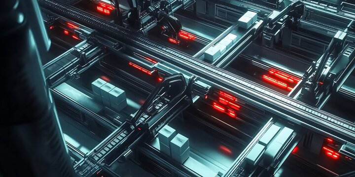 Dynamic shot of multiple conveyor belts crisscrossing in a logistics warehouse, with packages neatly labeled and robotic arms in actio