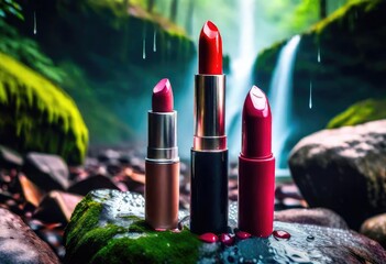 A captivating fusion of beauty and nature, with luxury lipstick shades of red family elegantly displayed on natural river rocks—ideal for branding and advertising.