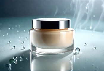 A high-end beauty cream presented near a natural water source, highlighting freshness, purity, and hydration for beauty marketing