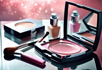 A glamorous arrangement of high-end lipsticks and blushes on a perfect background, suitable for branding, beauty blogs, and ad campaigns.