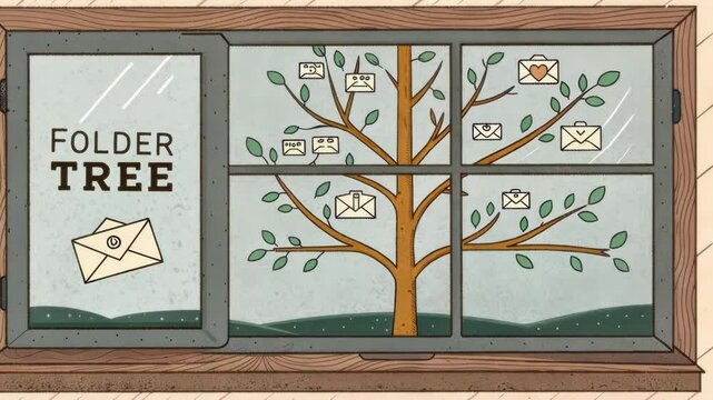 Folder Organization A vintage window displaying a folder tree with expandable branches. Each folder is depicted as a grey box with a tiny envelope icon and the text is in a