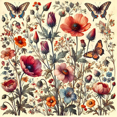 Seamless watercolor floral pattern in rustic vintage style. Colorful garden illustration on ivory background. Hand drawn print with abstract wildflowers, plants and butterflies. Design texture.
