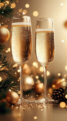 Two glasses with champagne wine background with blur glitter light bokeh effect. Celebrating New Year and Christmas