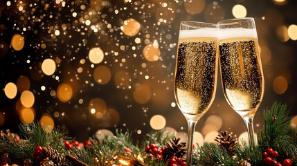 Two glasses with champagne wine background with blur glitter light bokeh effect. Celebrating New Year and Christmas