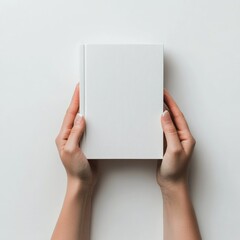 Hands holding a blank book against a plain background in a minimalist setting