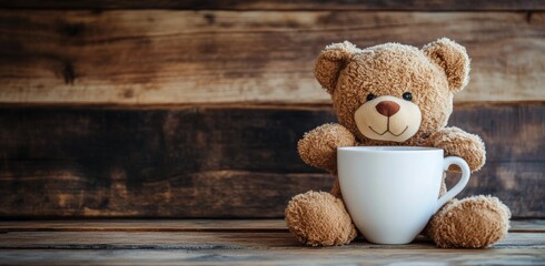 Obraz premium Cute bear sitting next to a white cup on a wooden surface