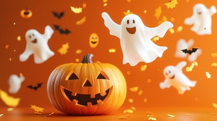Whimsical Halloween illustration with floating ghosts, jack-o'-lanterns, and bats on a vibrant orange background, symbolizing festive autumn fun and playful celebration.