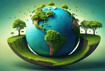 A globe of Earth planet and all the continents are shown in the form of trees for the environmental theme along with the ocean. Illustration of nature in the form of a spherical globe of Earth planet
