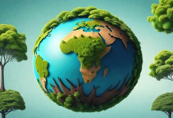 Illustration of nature in the form of a spherical globe of Earth where all the continents are shown with ocean.  Planet Earth is an environment friendly