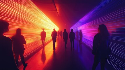 Fototapeta premium Vibrant Light Trails with Silhouetted Figures Creating a Surreal Atmosphere in a Darkened Space Captured in Modern Art Installation